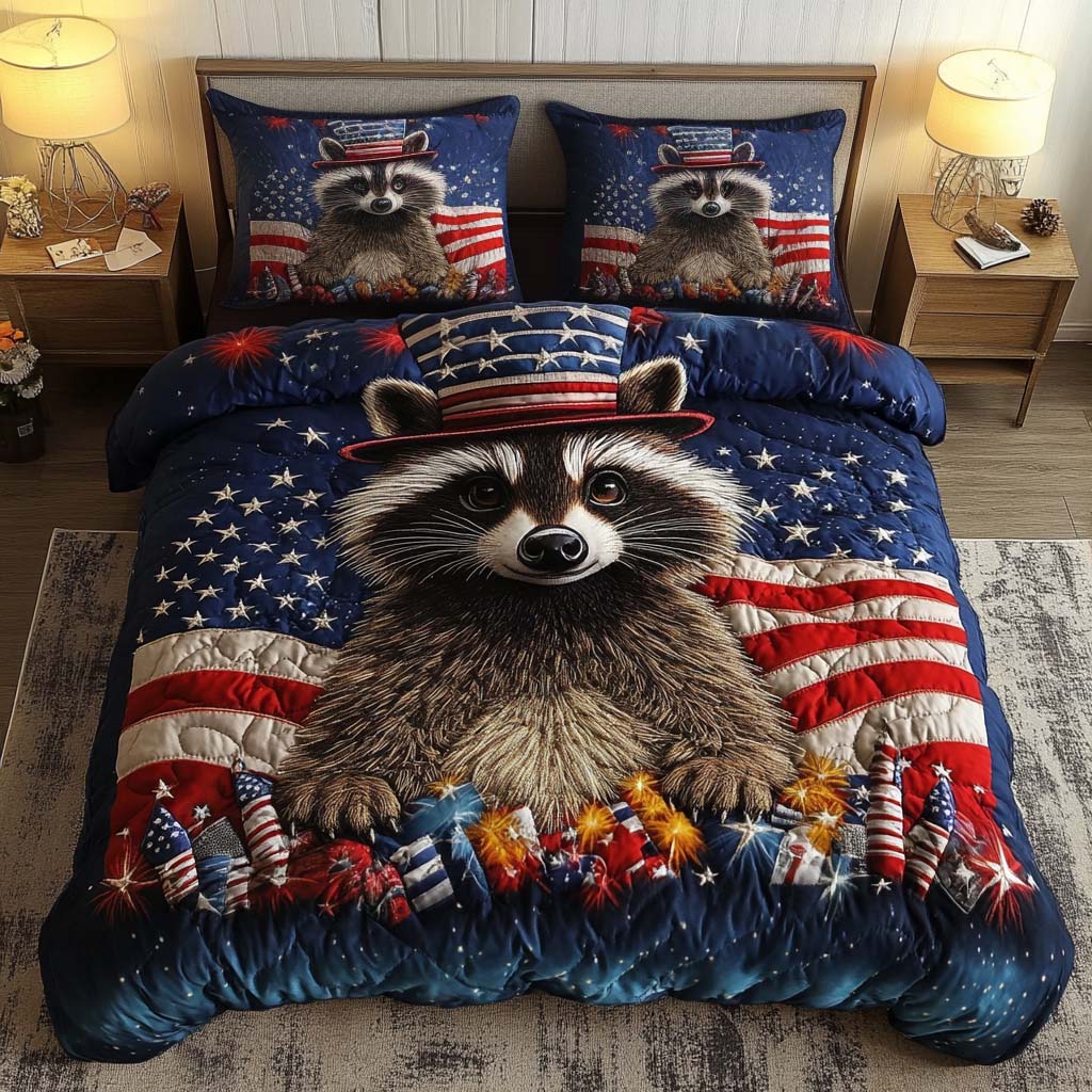 Rocket Raccoon Quilted Bedding Set Aesthetic Room Decor Patriotic Novelty Items