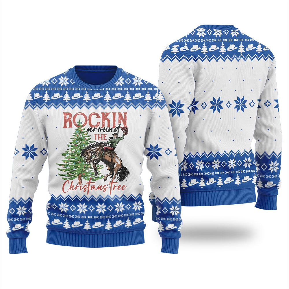 Rocking Around Christmas Tree Cowboy Christmas Sweater Men Trendy Christmas Sweater for Winter Outfits