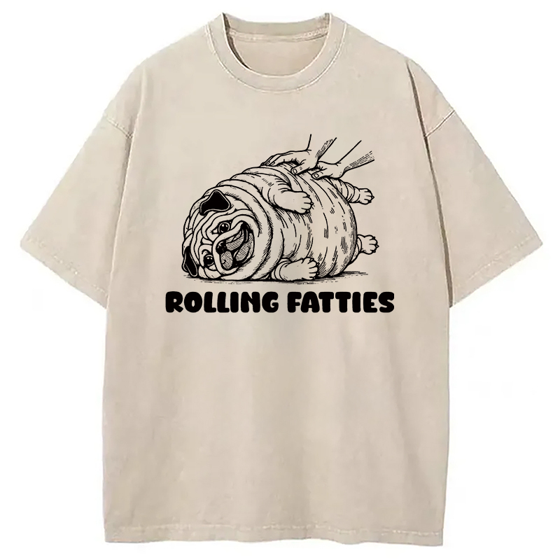 Rolling Fatties Dog Funny Pug Meme Washed T-Shirt Retro Humor Outfit Idea Gifts For Besties