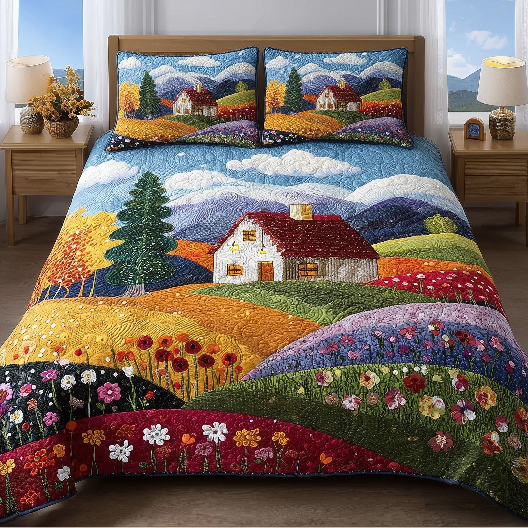 Rolling Heaven Quilted Bedding Set Solid Color