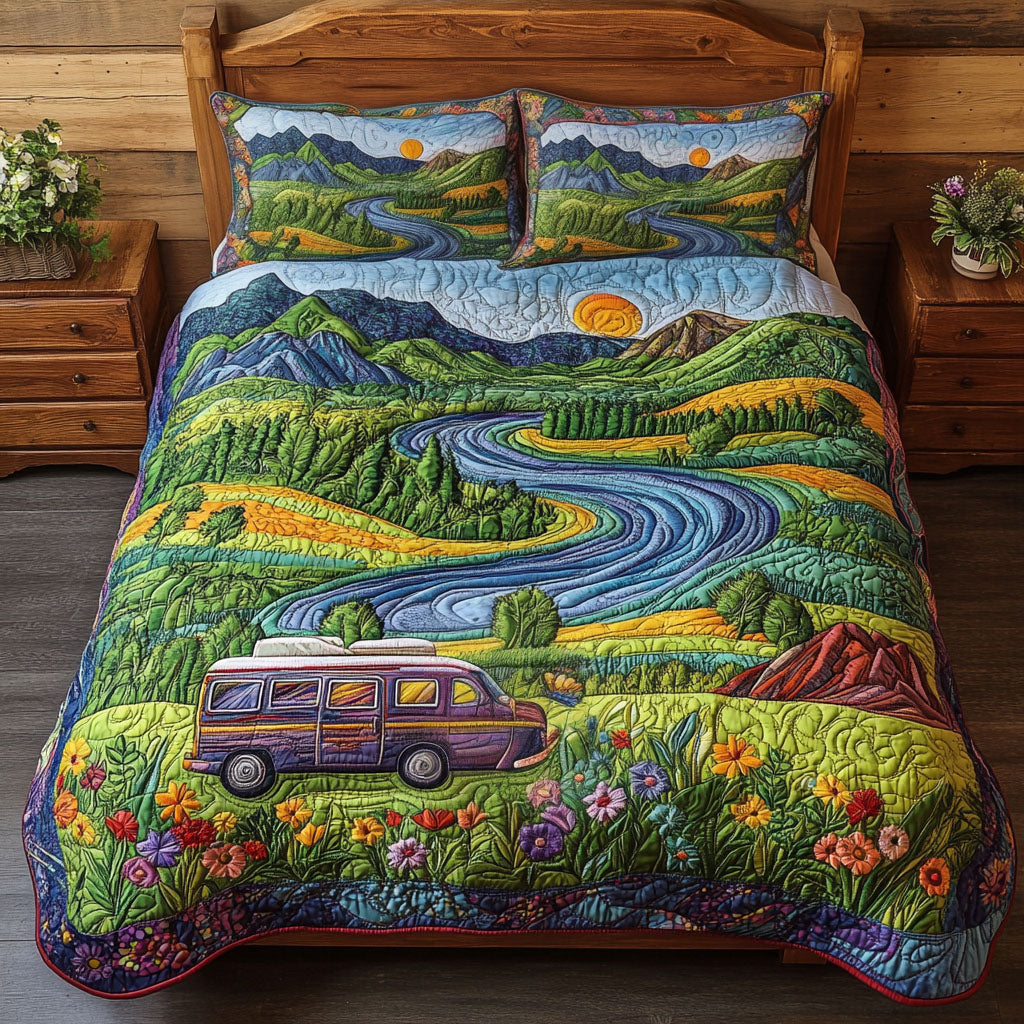 Rolling Hills Adventure Quilted Bedding Set Cozy Bedroom Decor Unique Gifts For Hippies