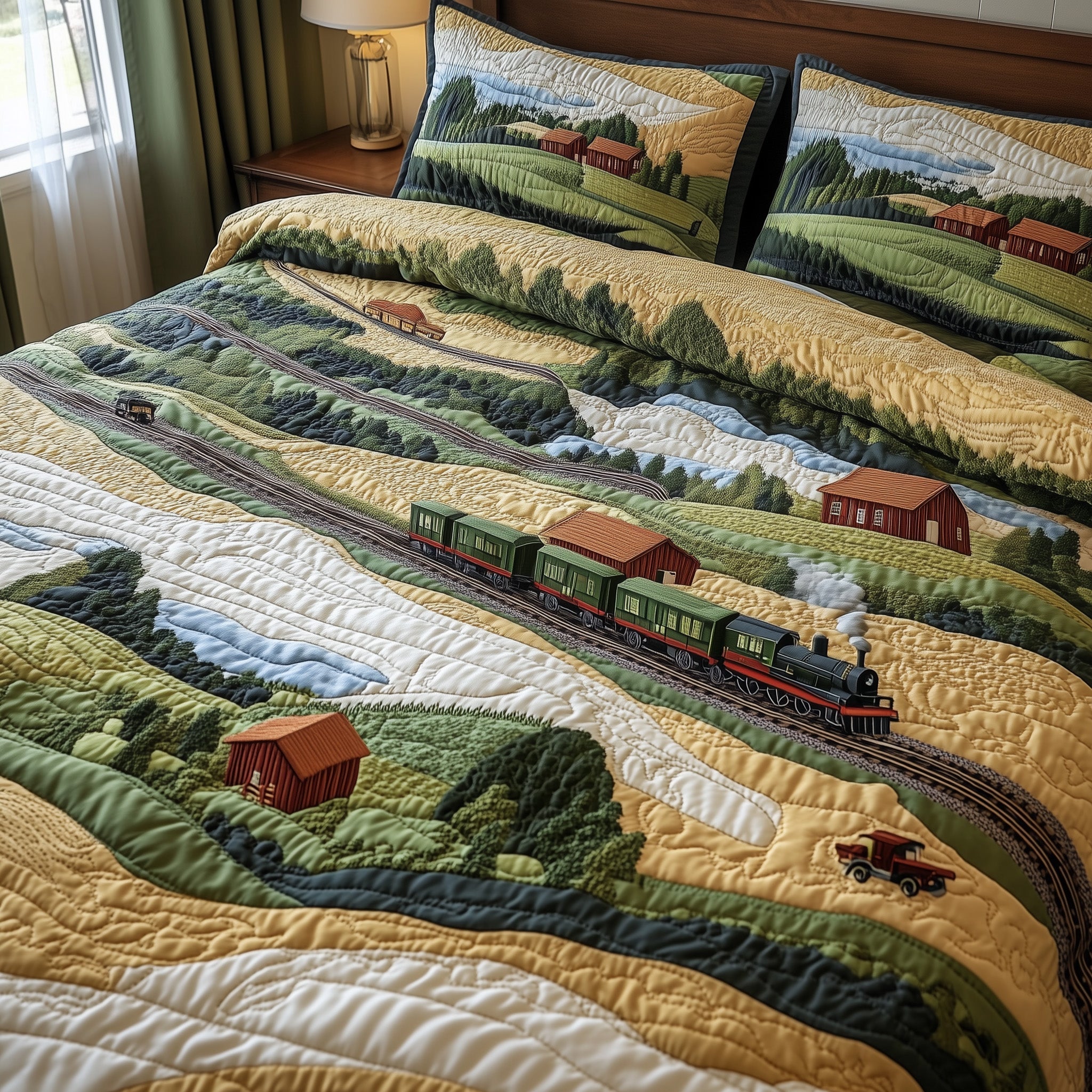 Rolling Hills Express Quilted Bedding Set Duvet Cover Merchandise Train Gifts For Dad