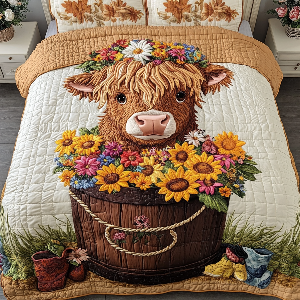 Rolling Hills Quilted Bedding Set Bed Decorations Highland Cow Merchandise