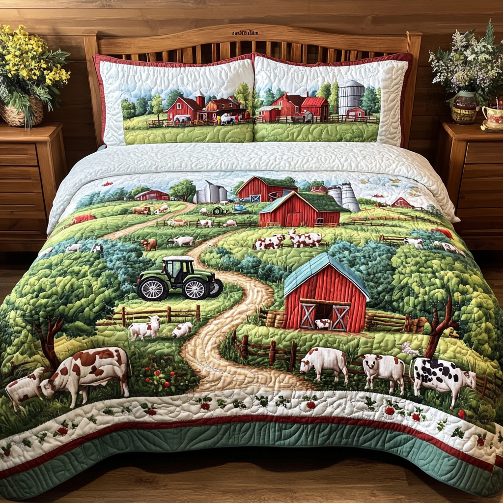 Rolling Hills Quilted Bedding Set Cute Bedroom Decor Tractor Gifts For Dad Farmers