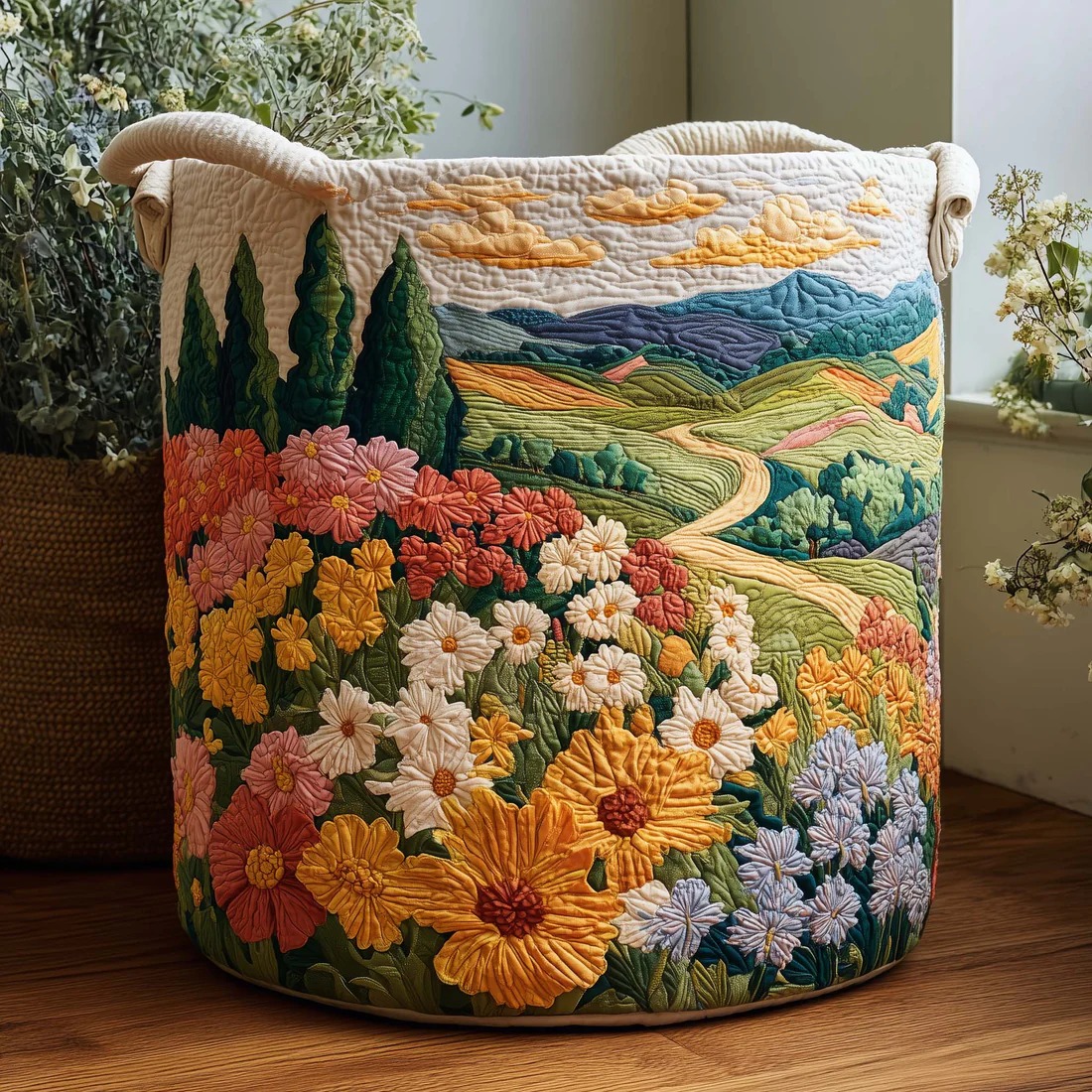 Rolling Hills Wildflower Meadow Quilted Laundry Basket Country Landscape Decor Gift For Nature Lovers