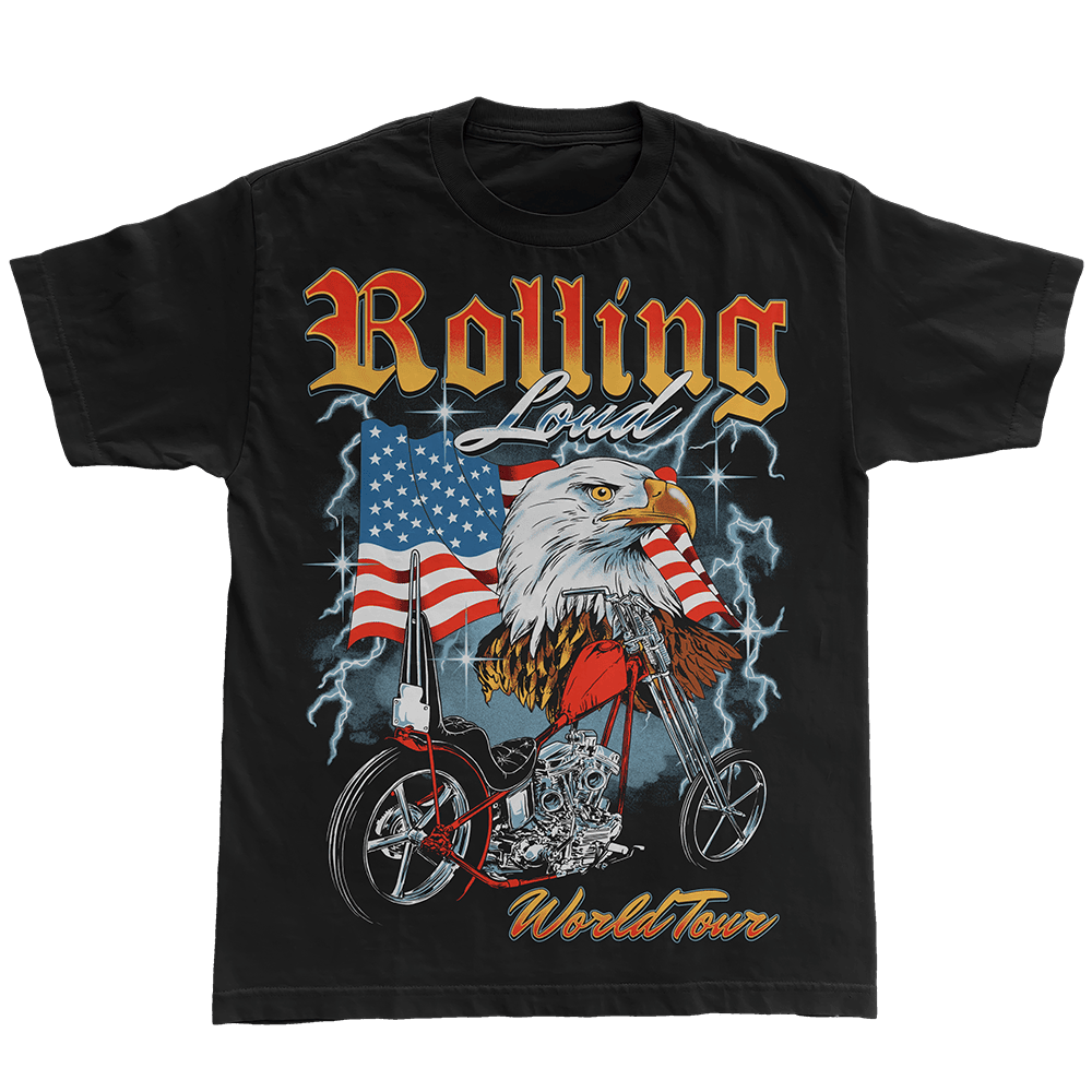 Rolling Loud Merch Rolling Loud Majestic World Tour Eagle American Flag T-Shirt Fans Gifts