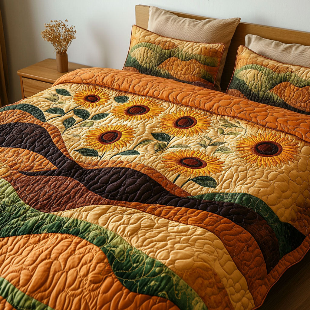 Rolling Sunflower Waves Quilted Bedding Set Best Bedspread Set Sunflower Birthday Gifts