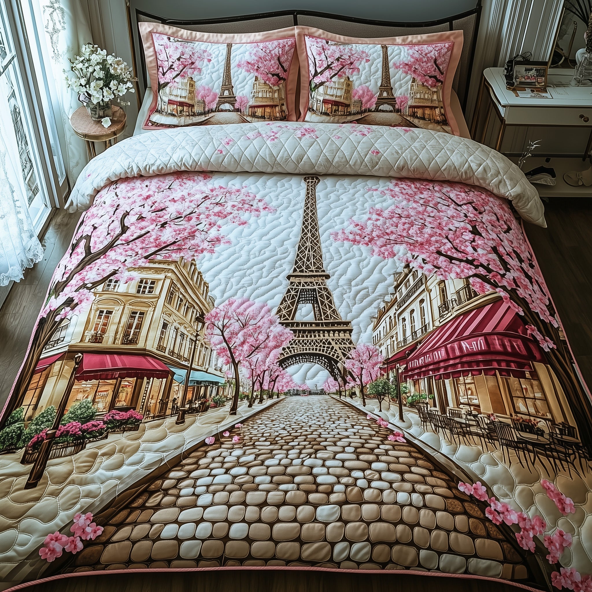 Romance in Paris Quilted Bedding Set Duvet Cover Bedspread Paris Themed Gifts For Her