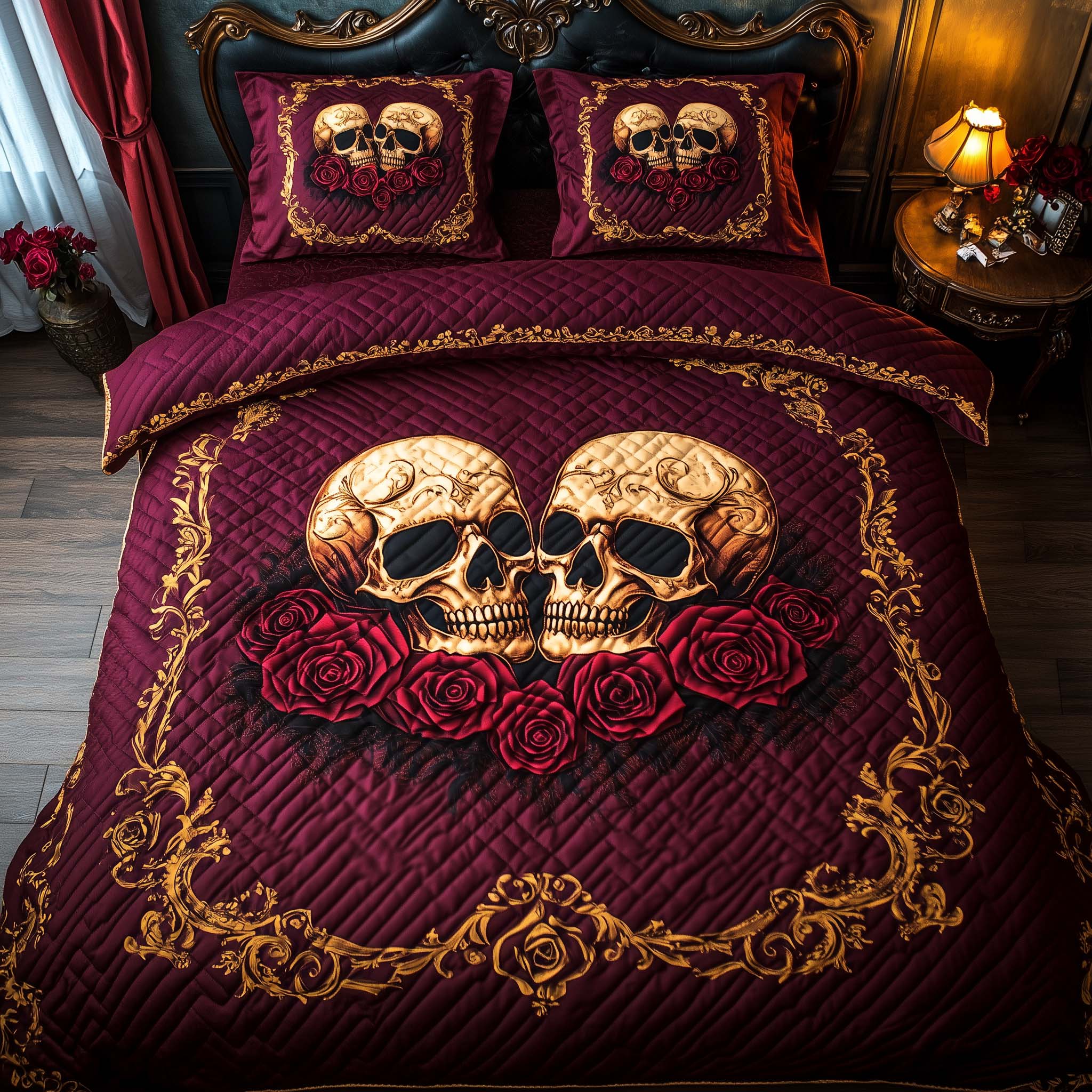 Romantic Gothic Skulls Quilted Bedding Set Dark Bedroom Decor Gift For Gothic Lovers