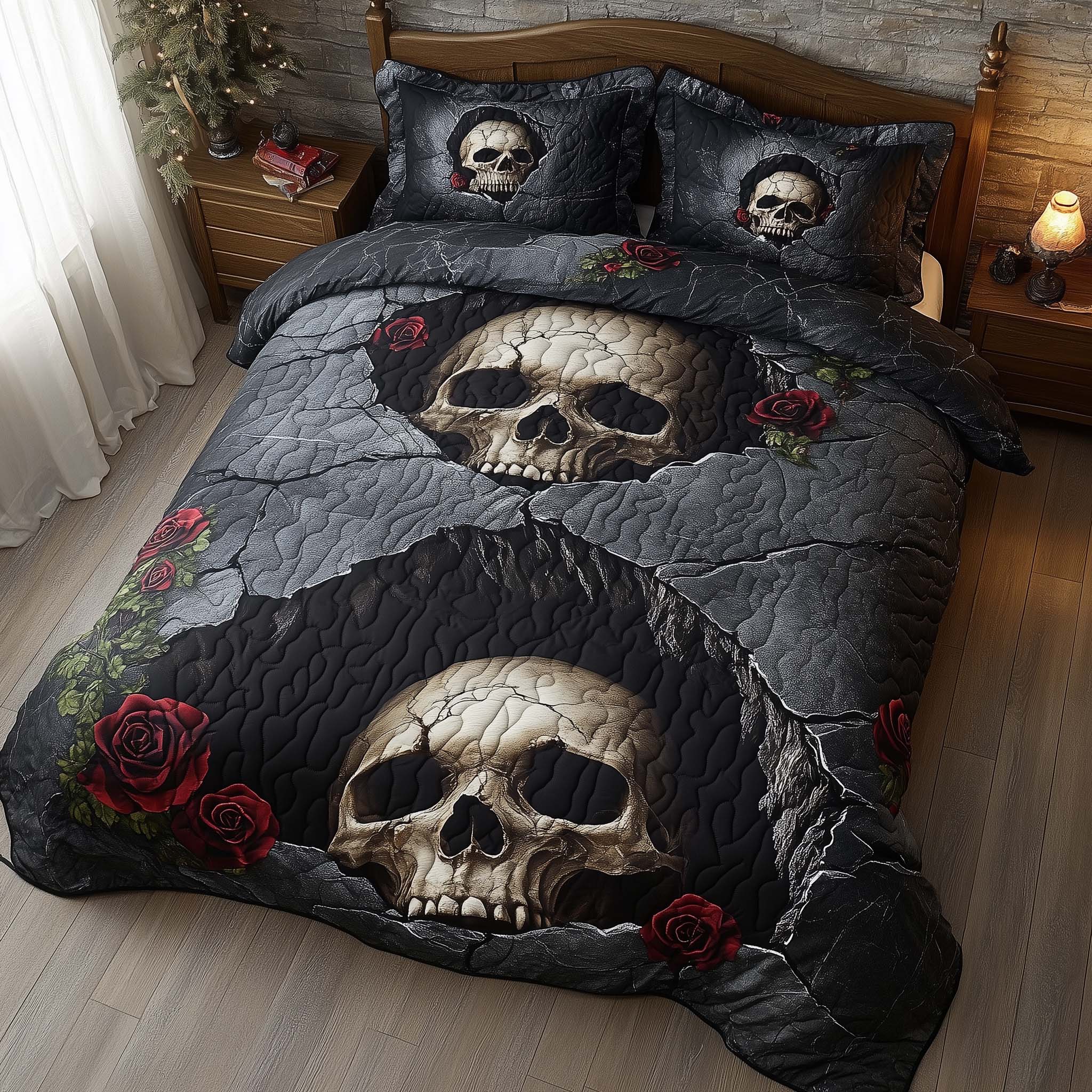 Romantic Gothic Skulls Quilted Bedding Set Dark Rose Bedroom Decor Best Gift For Gothic Lovers