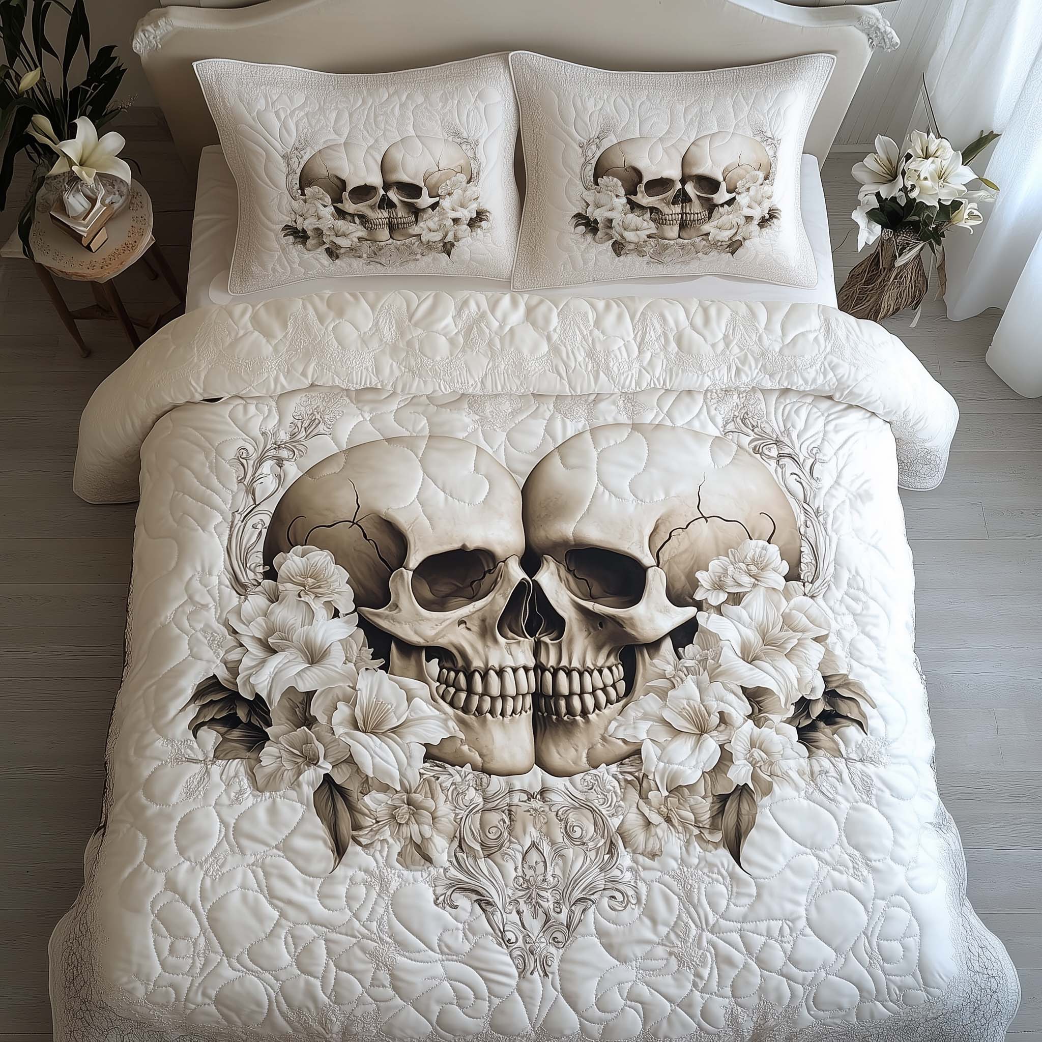 Romantic Gothic Skulls Quilted Bedding Set Edgy Dark Bedroom Decor Gift For Skull Lovers
