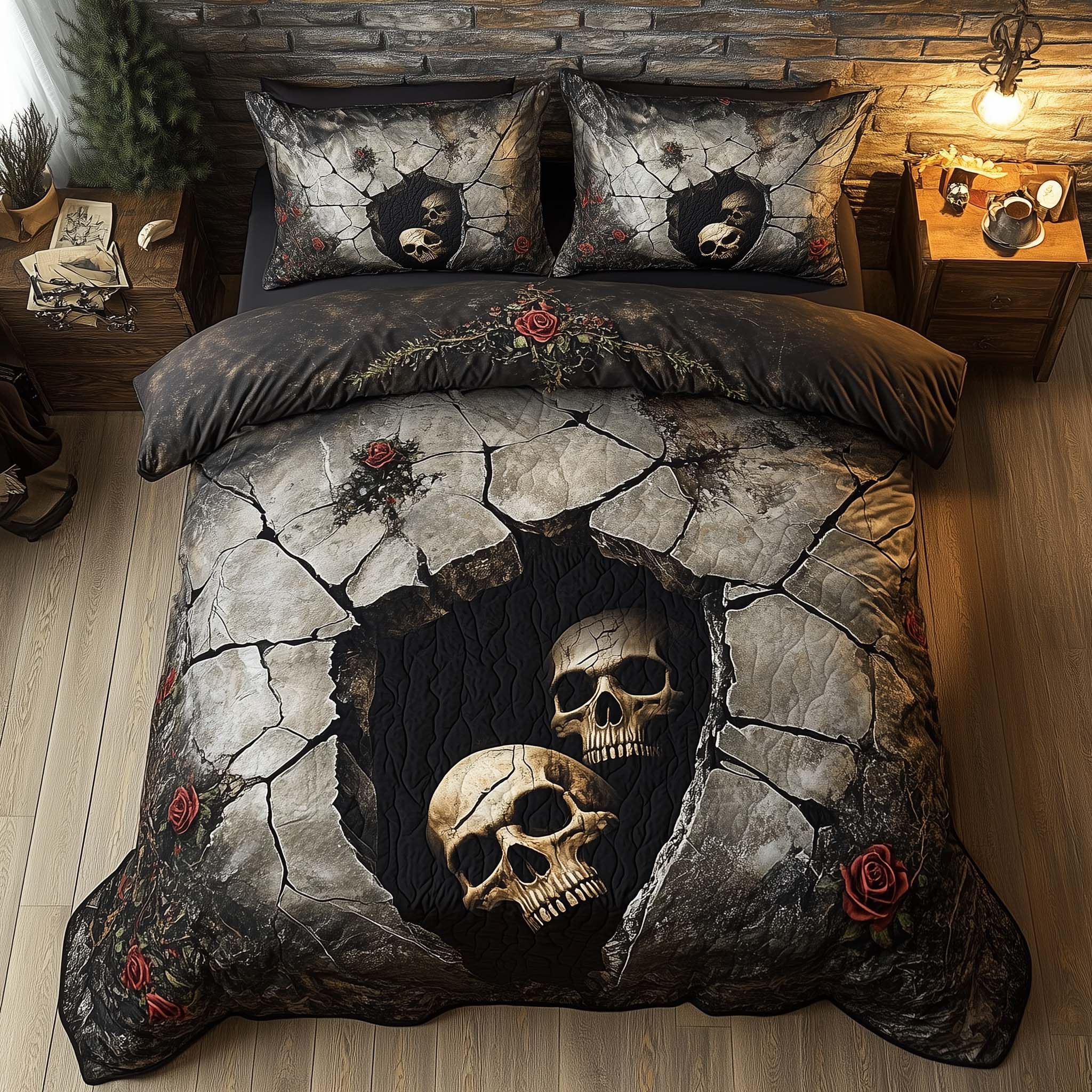 Romantic Gothic Skulls Quilted Bedding Set Gothic Floral Bedroom Decor Gift For Gothic Lovers