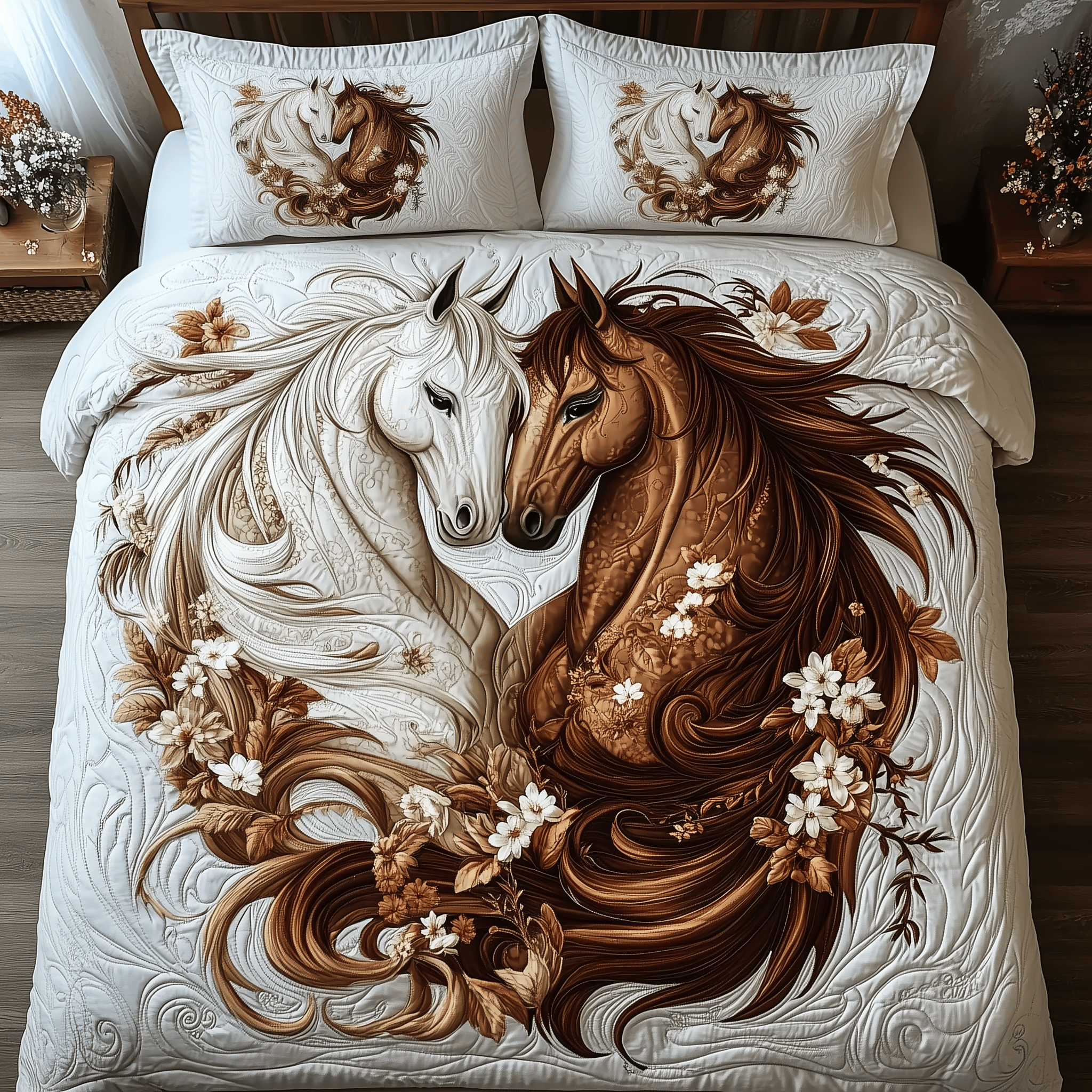Romantic Hourse Couple Quilted Bedding Set Christmas Bedding Set Gift Experiences For Couples