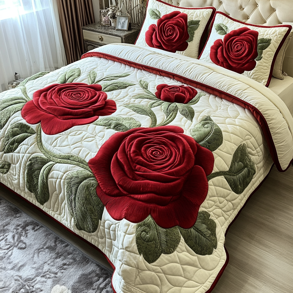 Romantic Rose Quilted Bedding Set Bedroom Decorations Christmas Floral Gifts