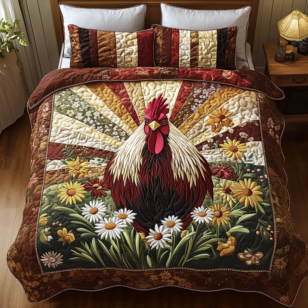 Rooster Bloom Quilted Bedding Set Holiday Duvet Covers Christmas Gifts For Chicken Lovers