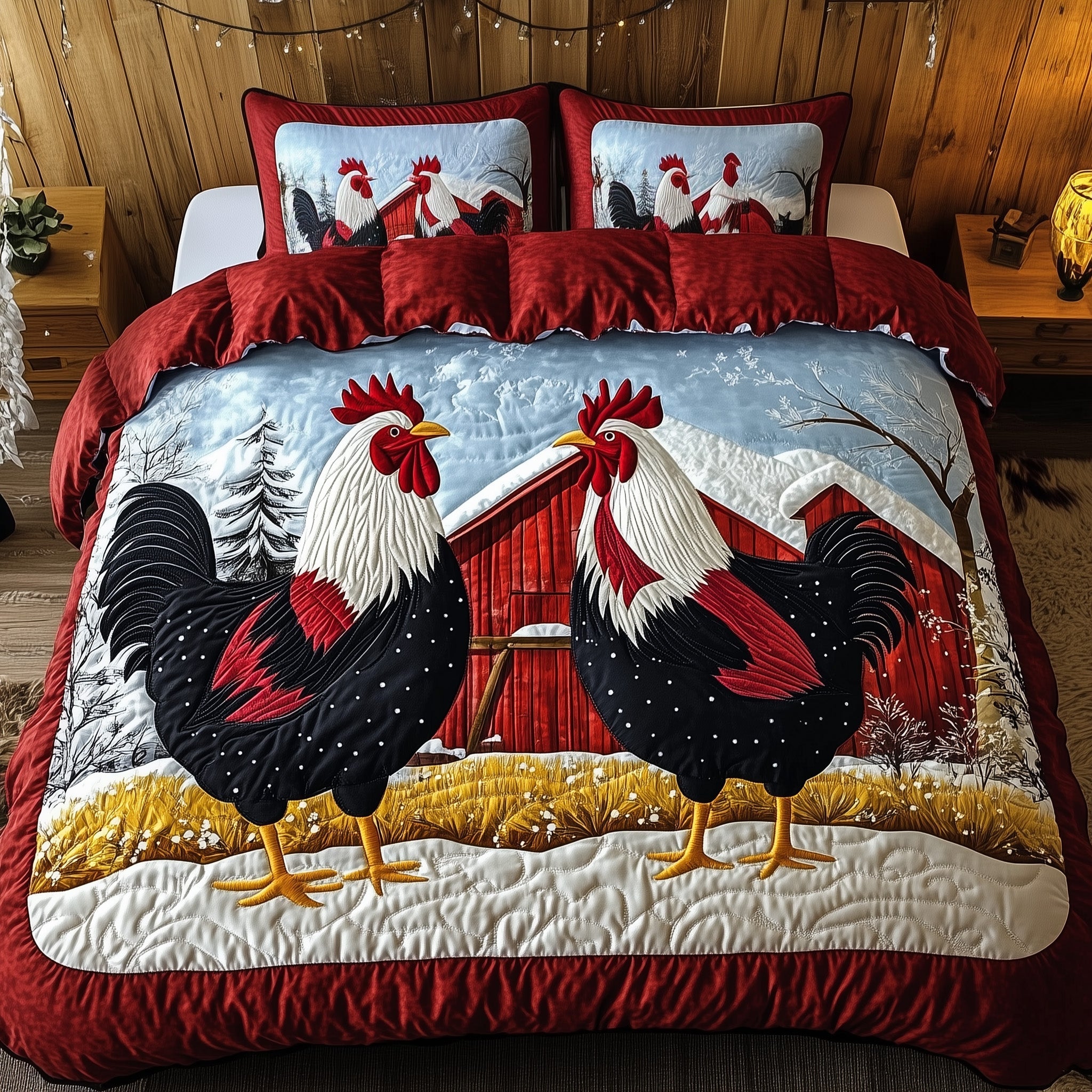 Rooster Charm Christmas Quilted Bedding Set Duvet Cover Bedspread Cute Xmas Animal Theme Gifts For Couple