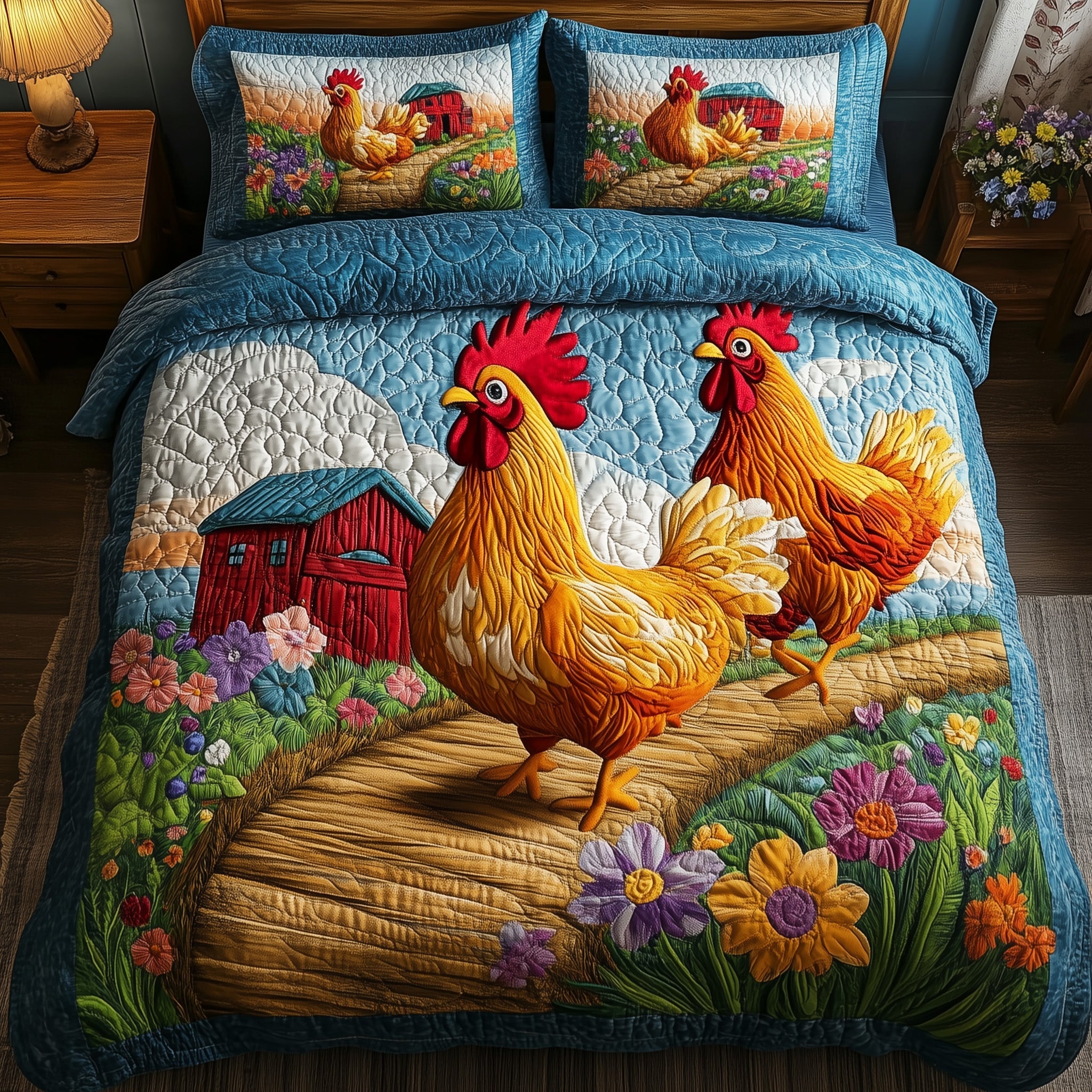 Rooster Charm Christmas Quilted Bedding Set Duvet Cover Bedspread Cute Xmas Animal Theme Gifts For Daughter
