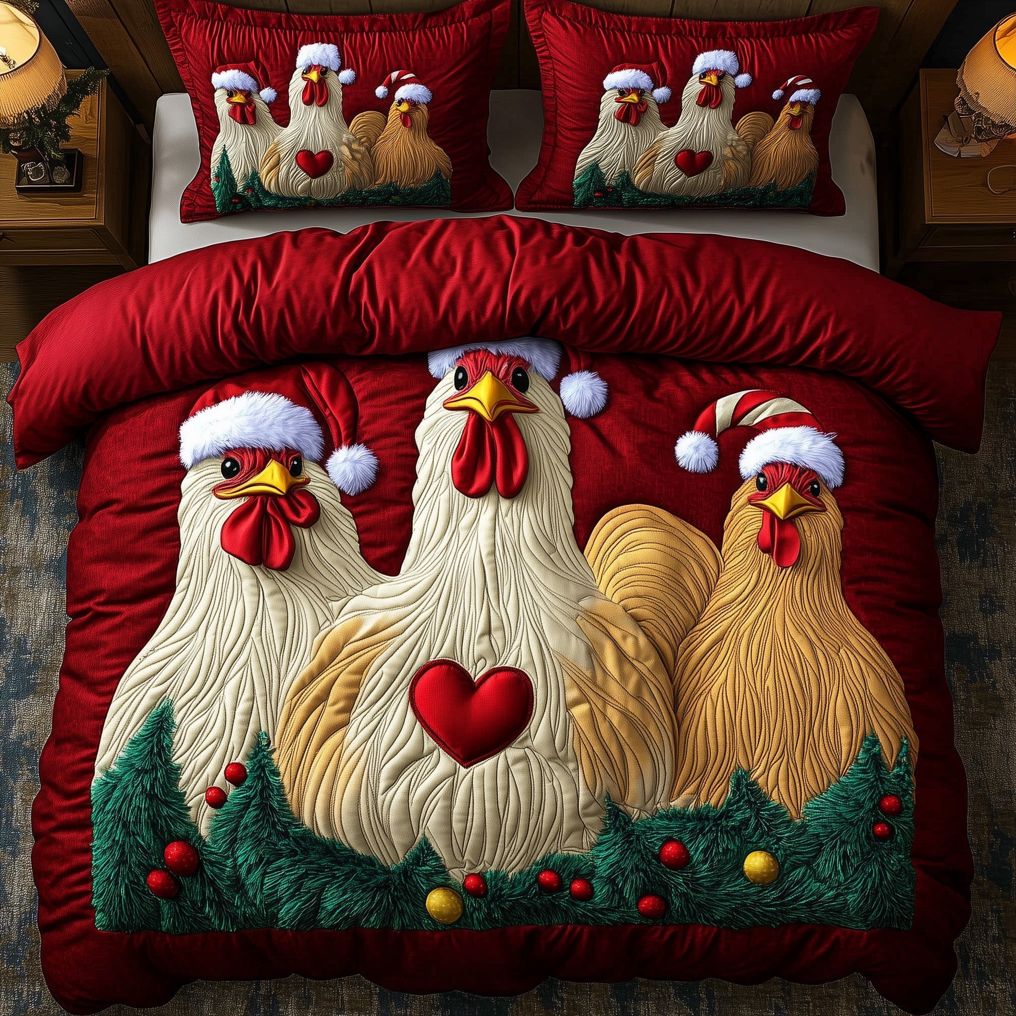 Rooster Charm Christmas Quilted Bedding Set Duvet Cover Bedspread Cute Xmas Animal Theme Gifts For Kids