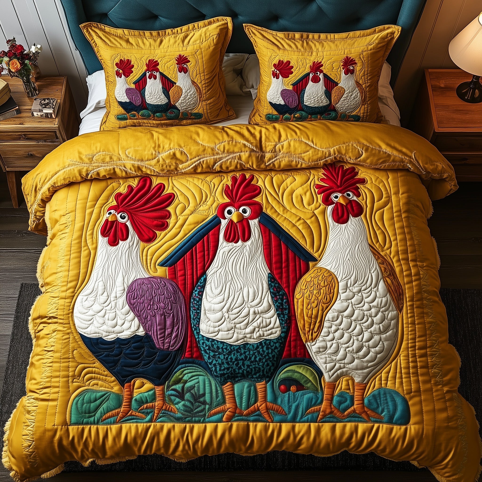 Rooster Charm Christmas Quilted Bedding Set Duvet Cover Bedspread Cute Xmas Animal Theme Gifts For Son
