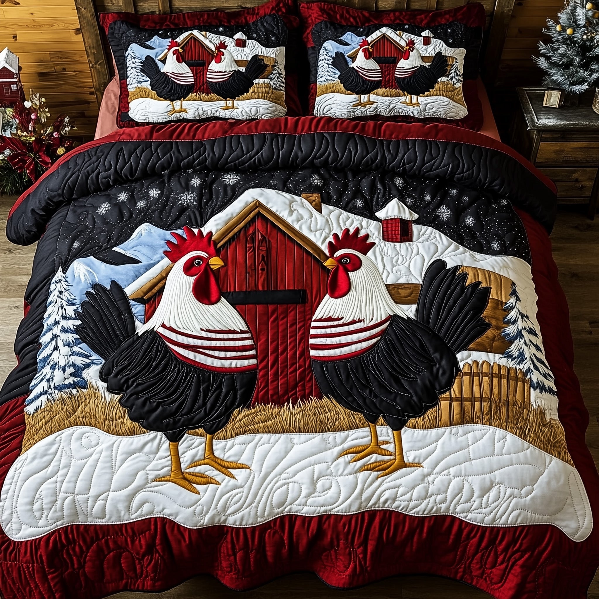 Rooster Charm Christmas Quilted Bedding Set Duvet Cover Bedspread Cute Xmas Animal Theme Gifts For Wife