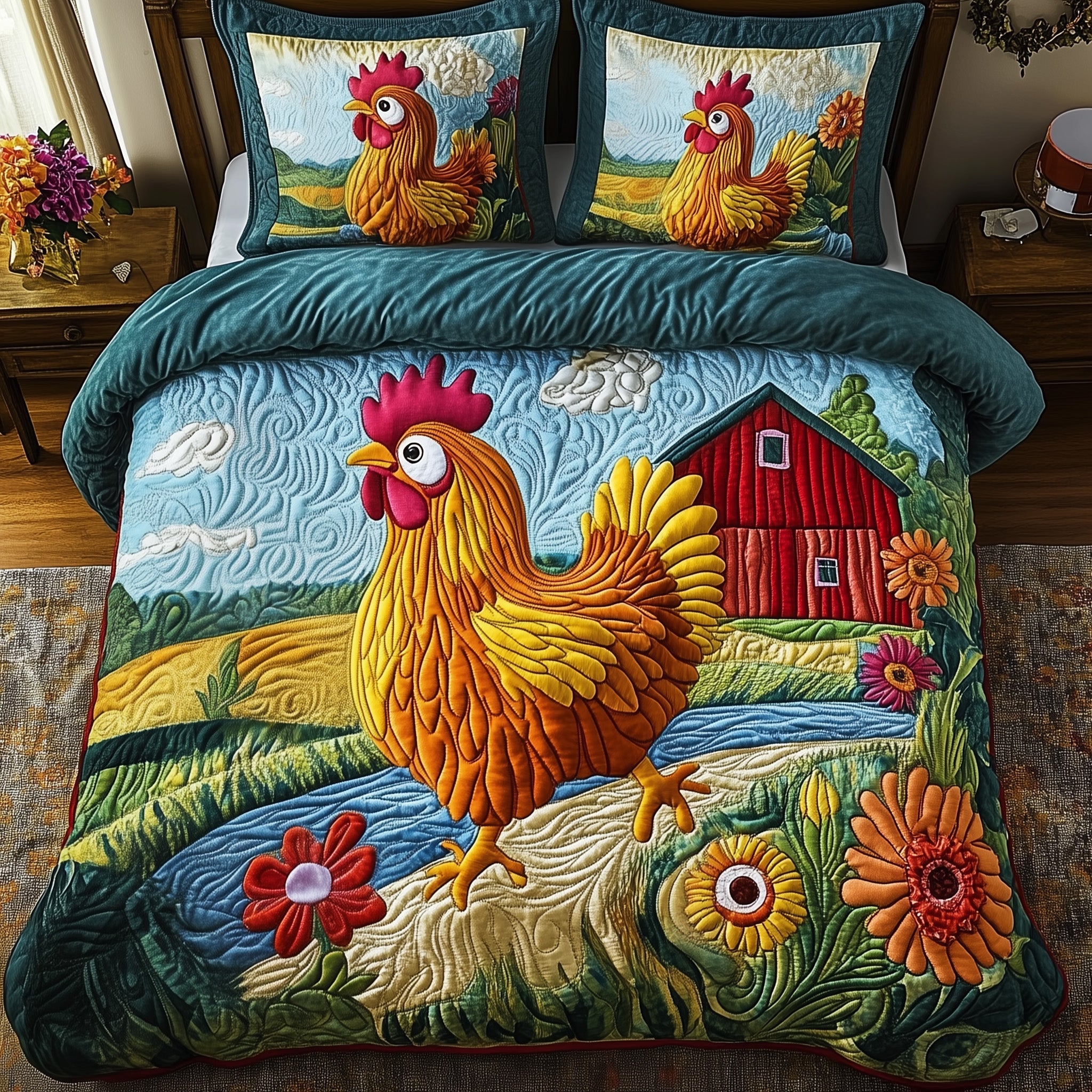 Rooster Charm Christmas Quilted Bedding Set Duvet Cover Bedspread Cute Xmas Theme Gifts For Animal Lovers