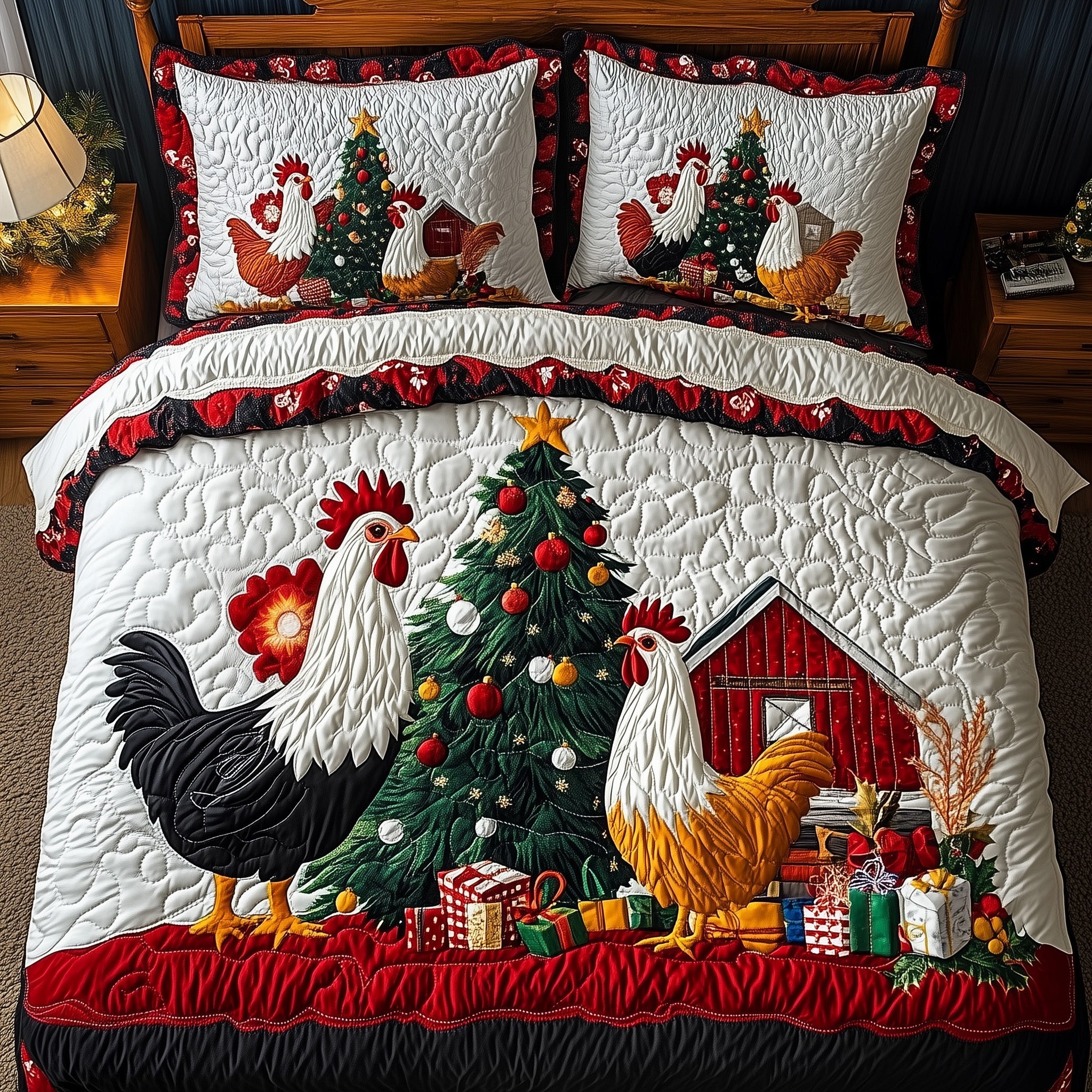 Rooster Charm Christmas Quilted Bedding Set Duvet Cover Bedspread Xmas Theme Gifts For Animal Lovers