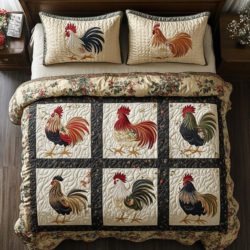 Rooster Charm Quilted Bedding Set Thoughtful Bedroom Gift Idea for Any Occasion