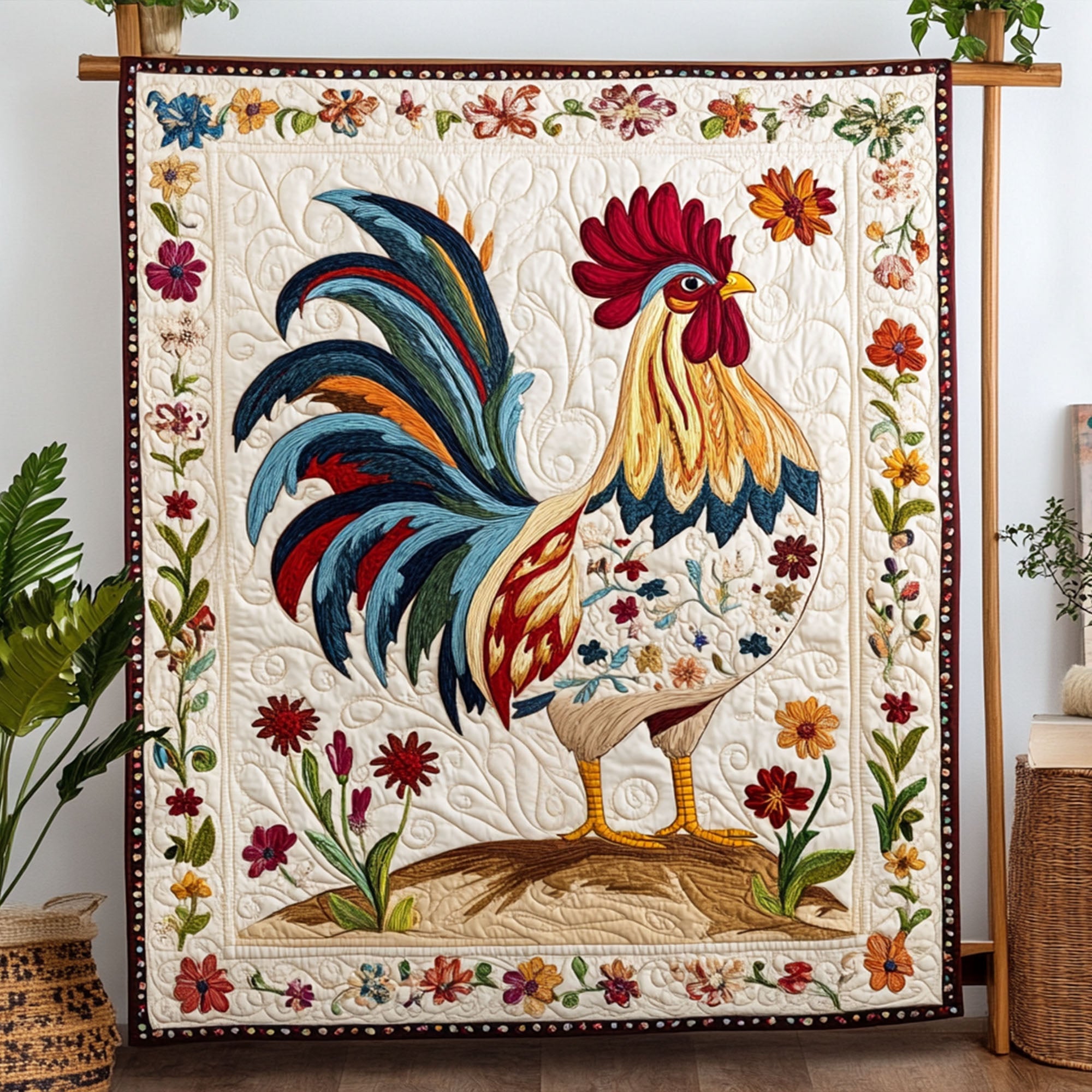 Rooster Charm Quilted Blanket Bedroom Xmas Decor Best Gifts For Chicken Owners