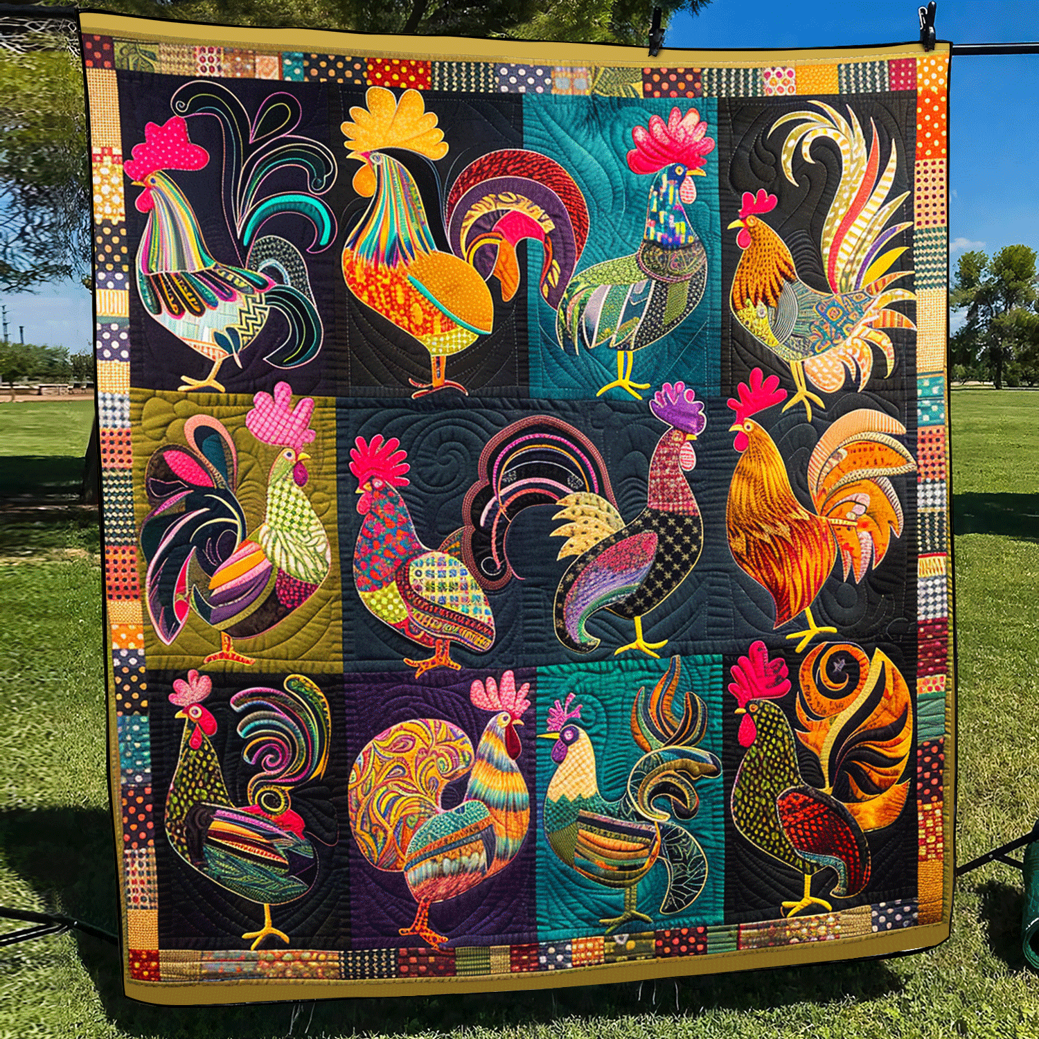 Rooster Fiesta Quilted Blanket Chicken Lover Presents