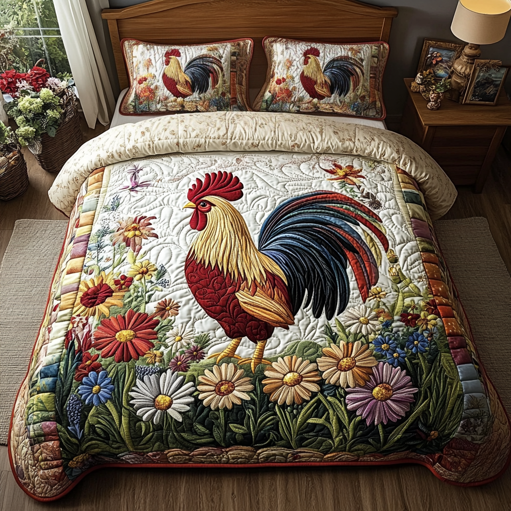 Rooster Garden Quilted Bedding Set Best Bedspread Set Best Chicken Lover Gift Ideas