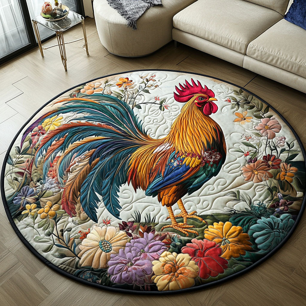 Rooster in Bloom Quilted Round Mat Outdoor Entryway Decor Birthday Gifts For Farmers