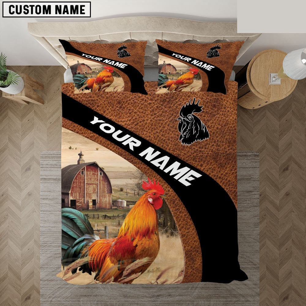 Rooster On The Farm Customized Name Red Barn Bedding Set Farmhouse Bedding Set Couple Gifts