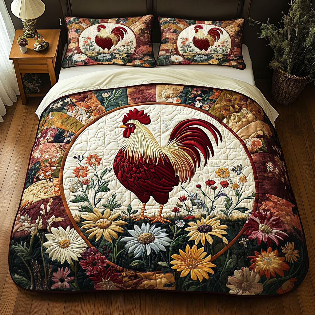 Rooster Parade Quilted Bedding Set Cute Bedroom Decor Gifts For Chicken Wing Lovers