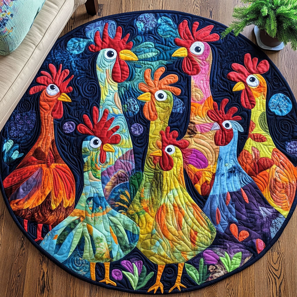 Rooster Party Quilted Round Mat Christmas Entry Way Decor Farmers Wife Gifts