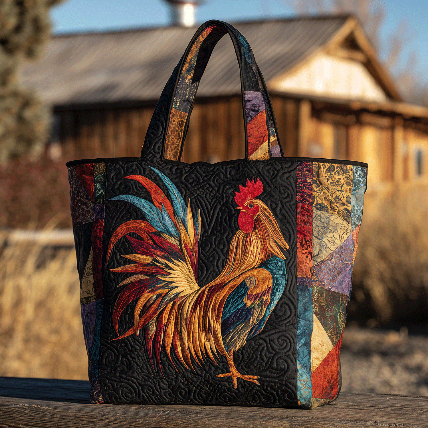 Rooster Patchwork Quilted Tote Bag Happy Fathers Day Farmer