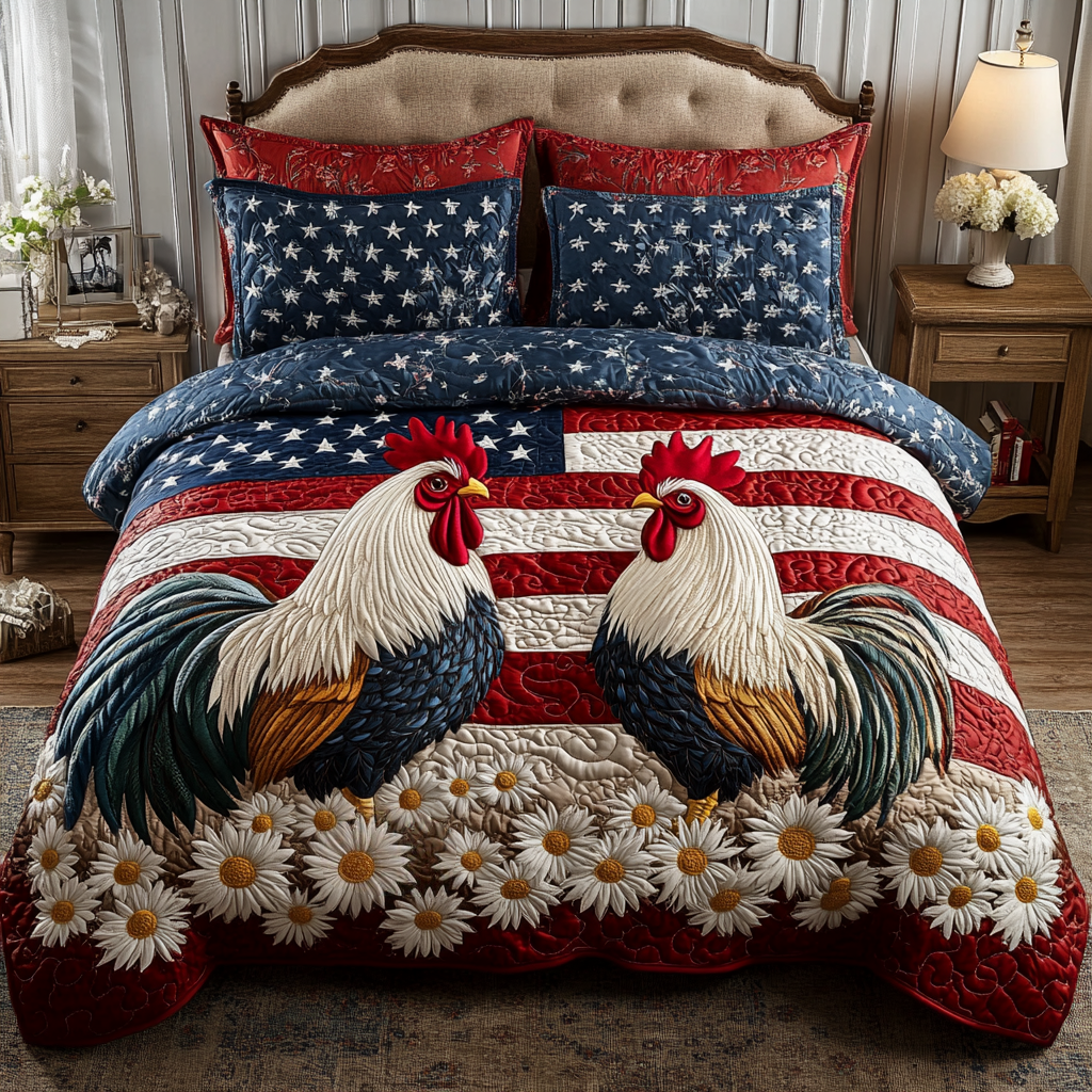 Rooster Pride Quilted Bedding Set Cute Bedroom Decor Gifts For People With Chickens
