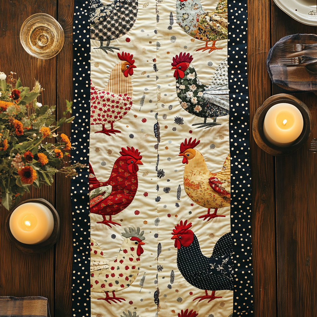 Rooster Row Quilted Table Runner Kitchen Table Decor Gifts With Chickens On Them