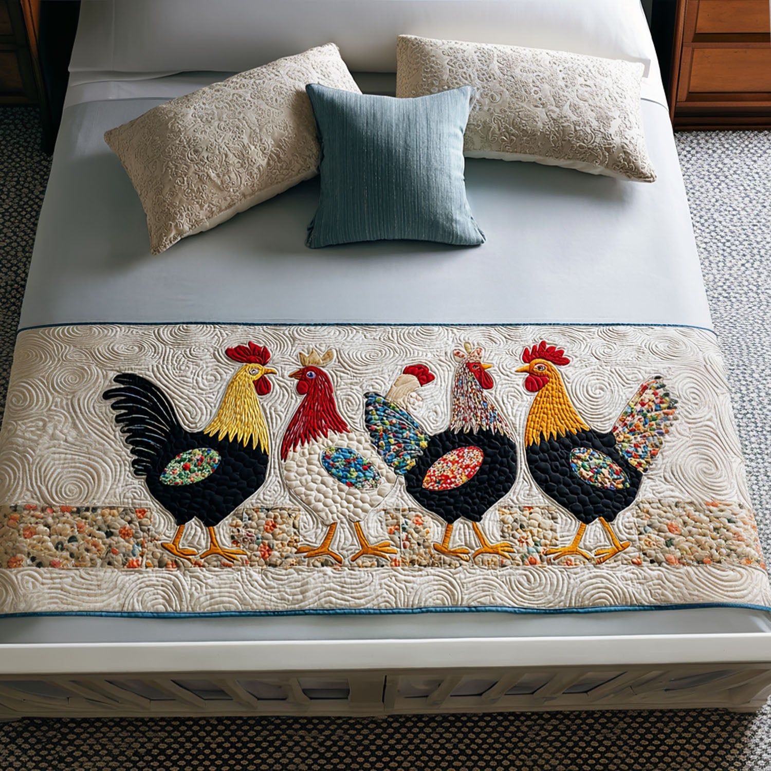 Rooster Royale Quilted Bed Runner Cozy Bedroom Decor Chicken Themed Gifts