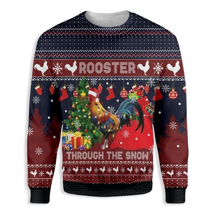 Rooster Through The Snow Ugly Christmas Sweater Winter Clothing Gifts For Rooster Lovers