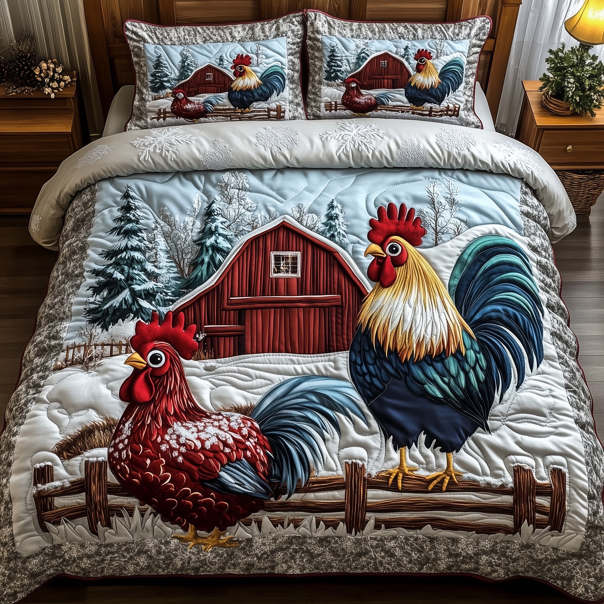Rooster Winter Farmhouse Christmas Quilted Bedding Set Duvet Cover Bedspread Farm Rooster Theme Xmas Gifts