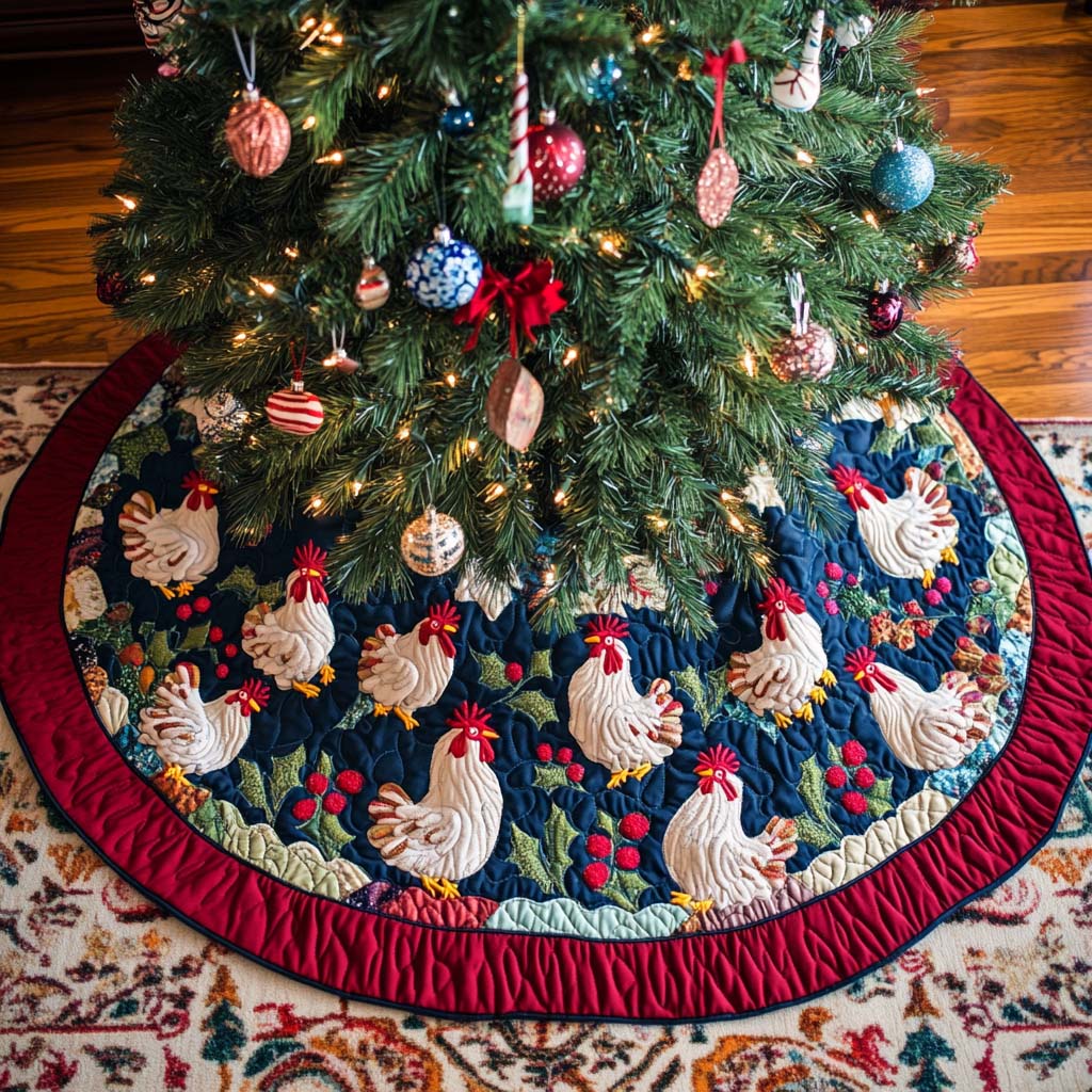 Rooster Winter Waltz Christmas Quilted Tree Skirt Holiday Living Room Decor