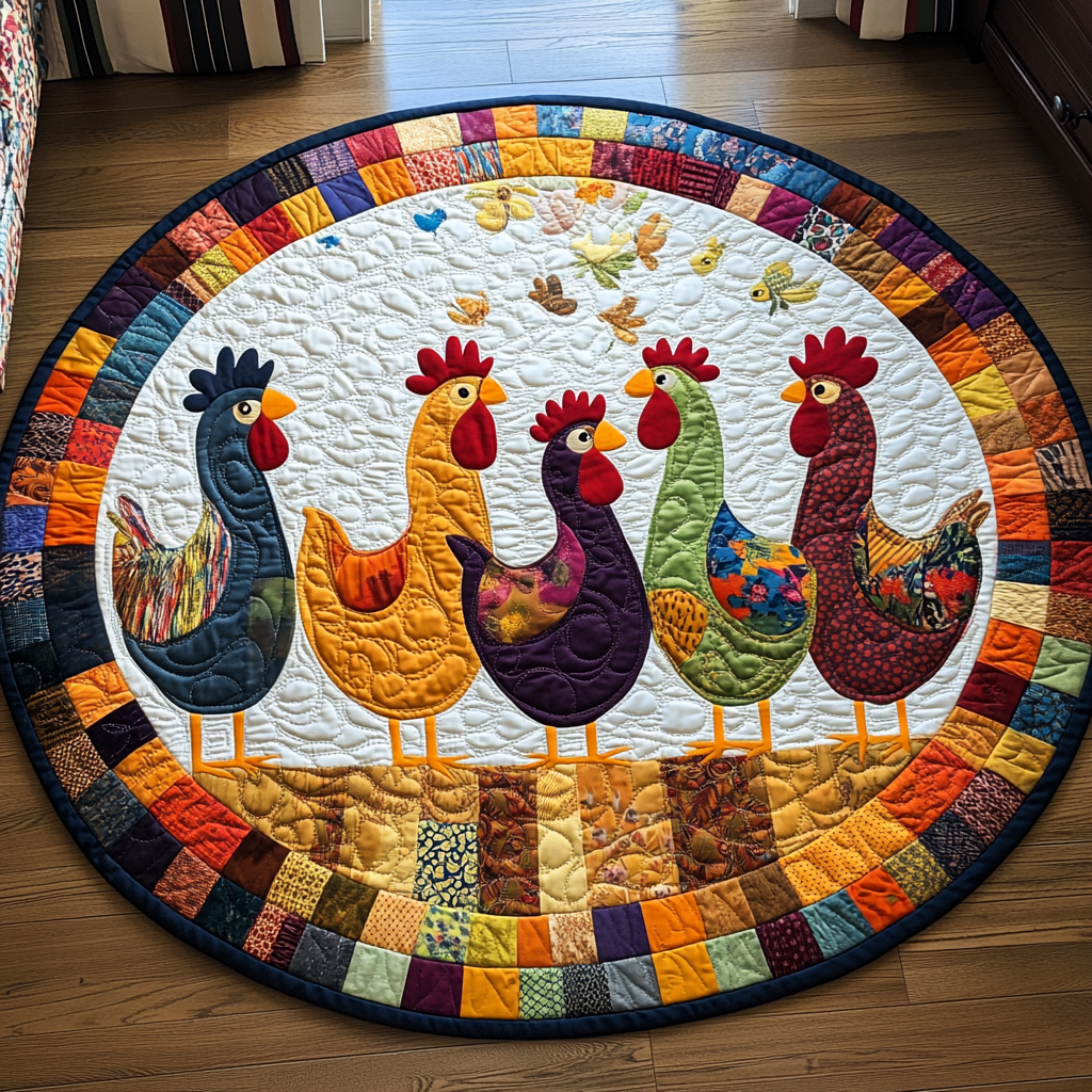 Roosters Glow Quilted Round Mat Outdoor Decor Gifts For Chicken Farmers