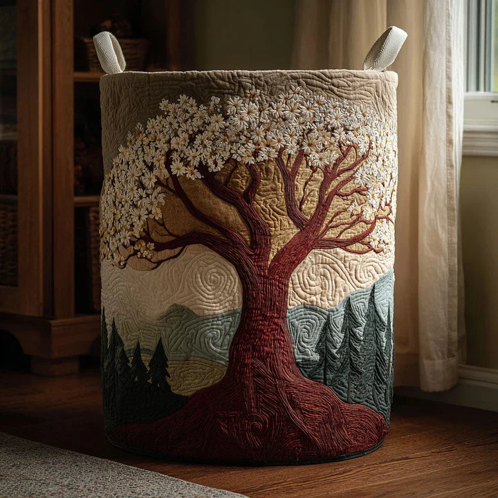 Rooted Glow Nature Quilted Laundry Basket Earthy Floral Home Organizer Best Gift For Nature Lovers