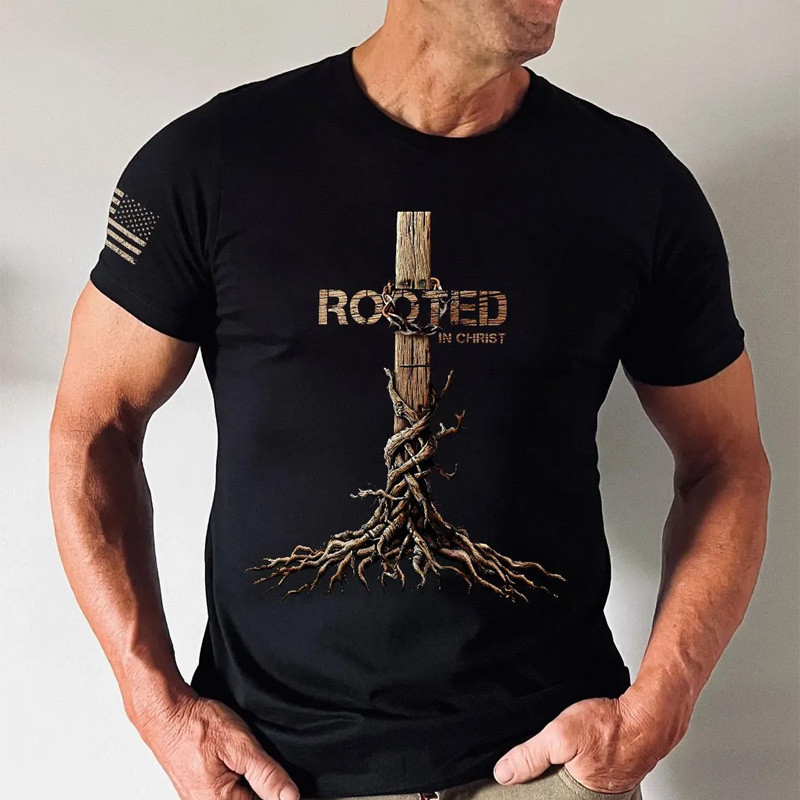 Rooted In Christ Holy Cross Art T-Shirt Faith Based Apparel Best Gift For Christians