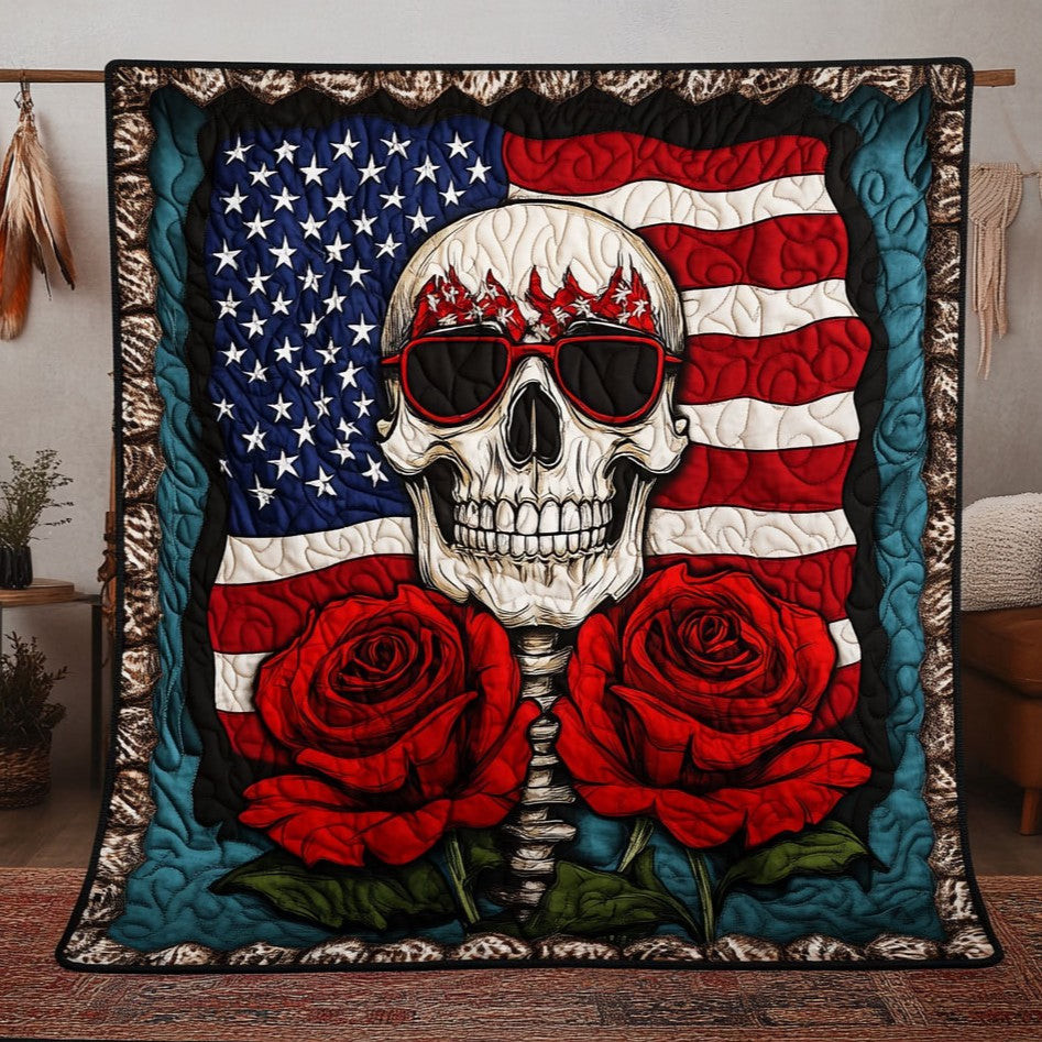 Rose American Skull Quilt Best Decoration Gift For Friends and Family on Halloween Day