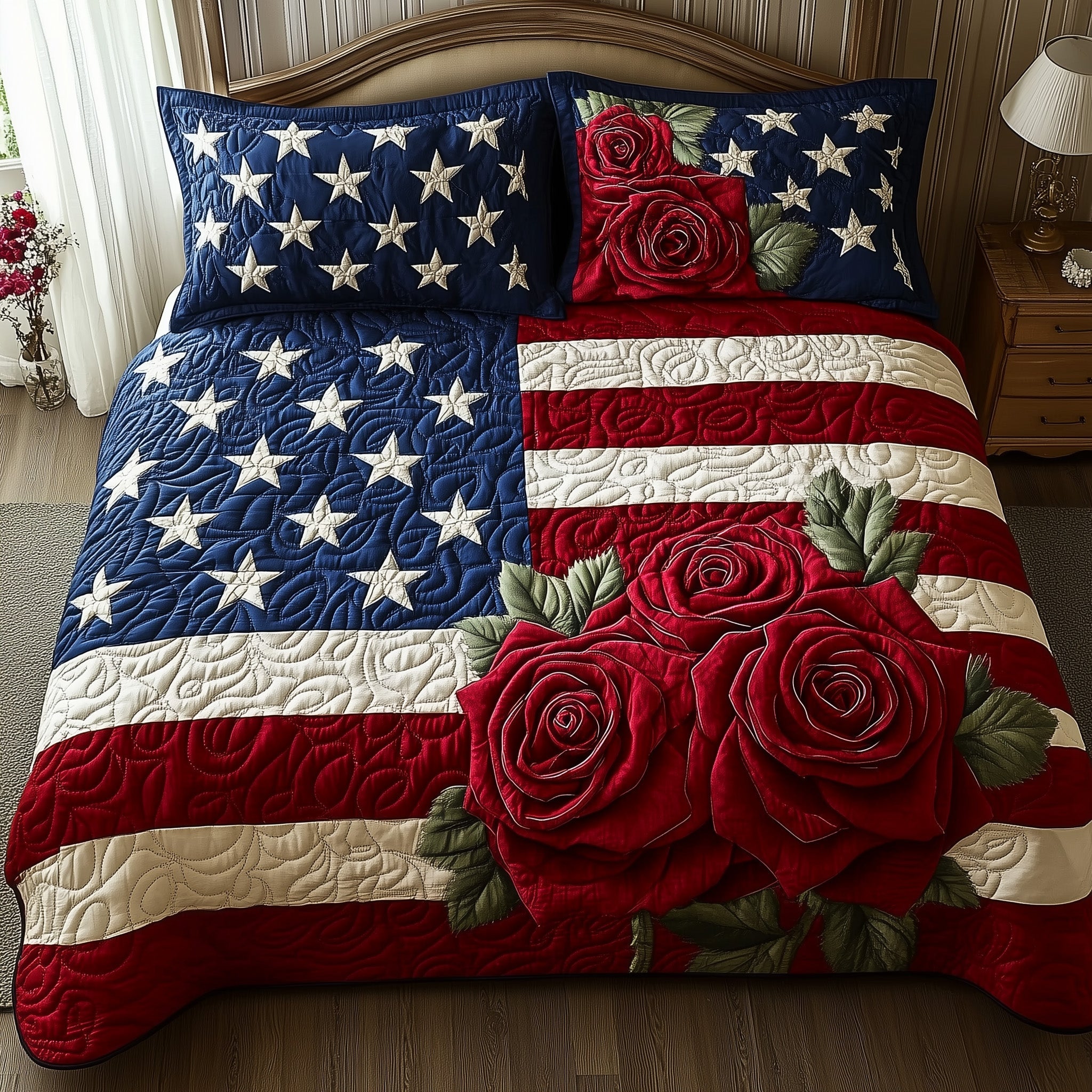 Rose and Glory Quilted Bedding Set Duvet Cover Bedspread 4Th Of July Gifts Delivered