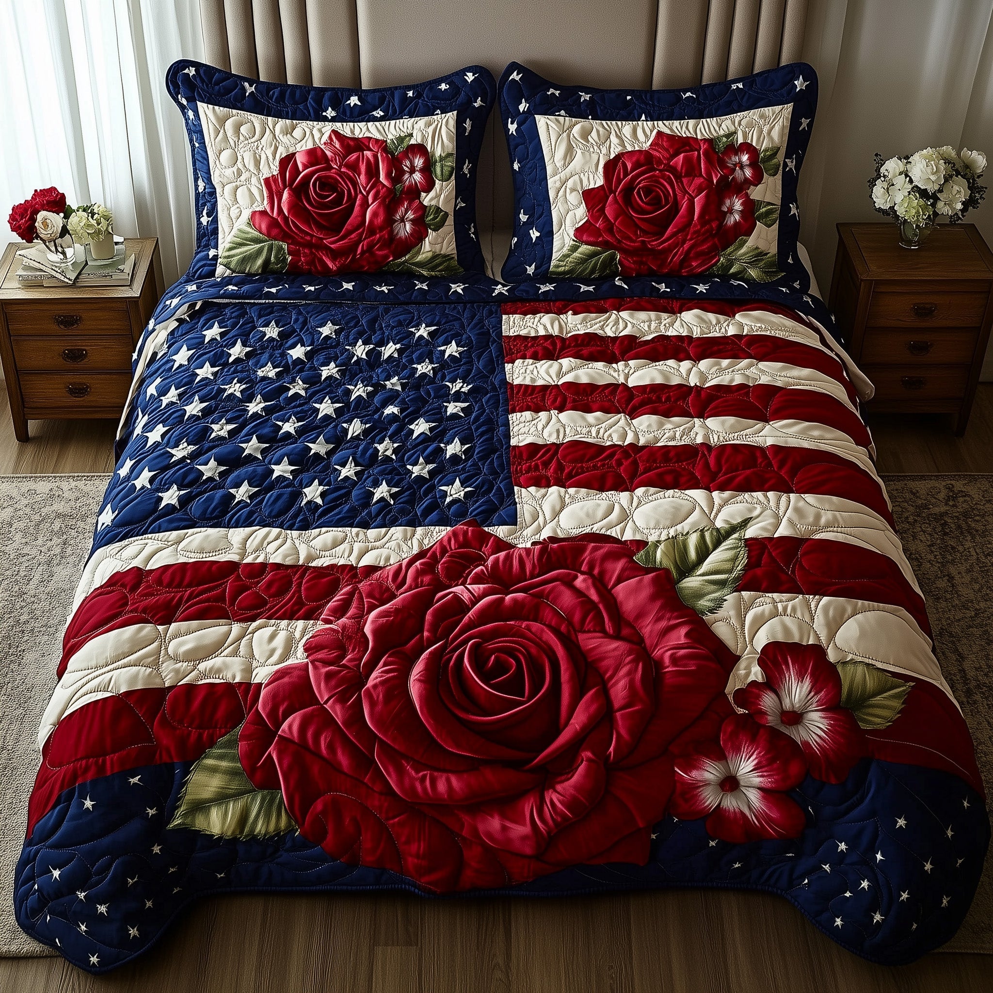 Rose and Glory Quilted Bedding Set Duvet Cover Bedspread 4Th Of July Neighbor Gifts