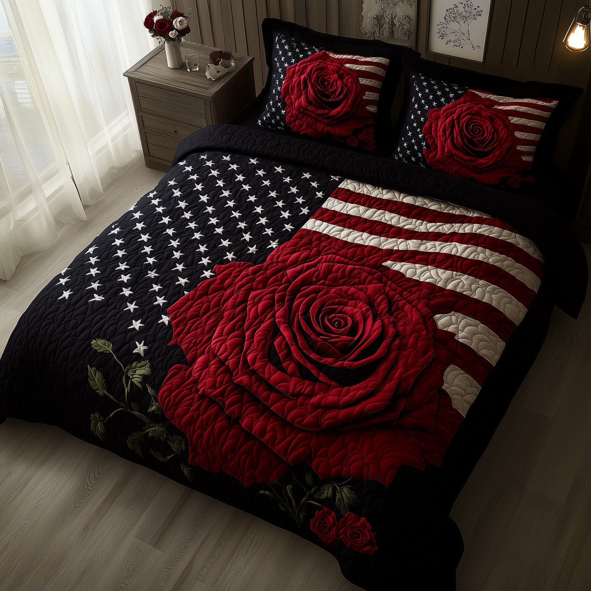 Rose and Glory Quilted Bedding Set Duvet Cover Bedspread 4Th Of July Party Gifts Patriotic