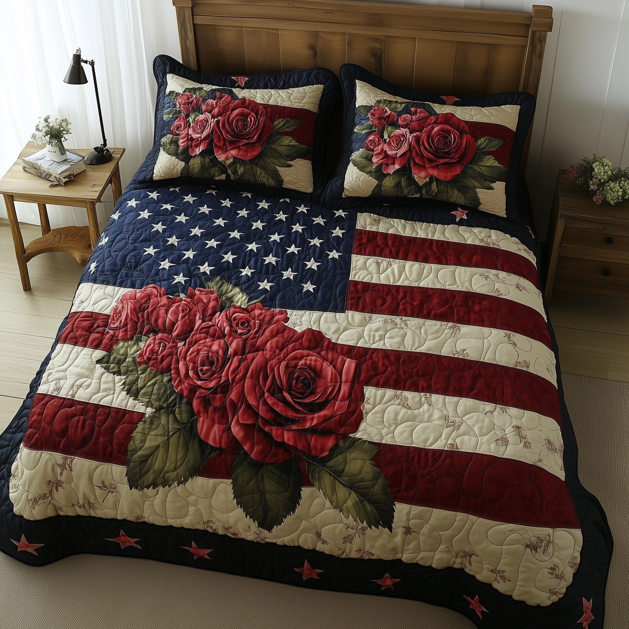 Rose and Glory Quilted Bedding Set Duvet Cover Bedspread 4Th Of July Present Patriotic