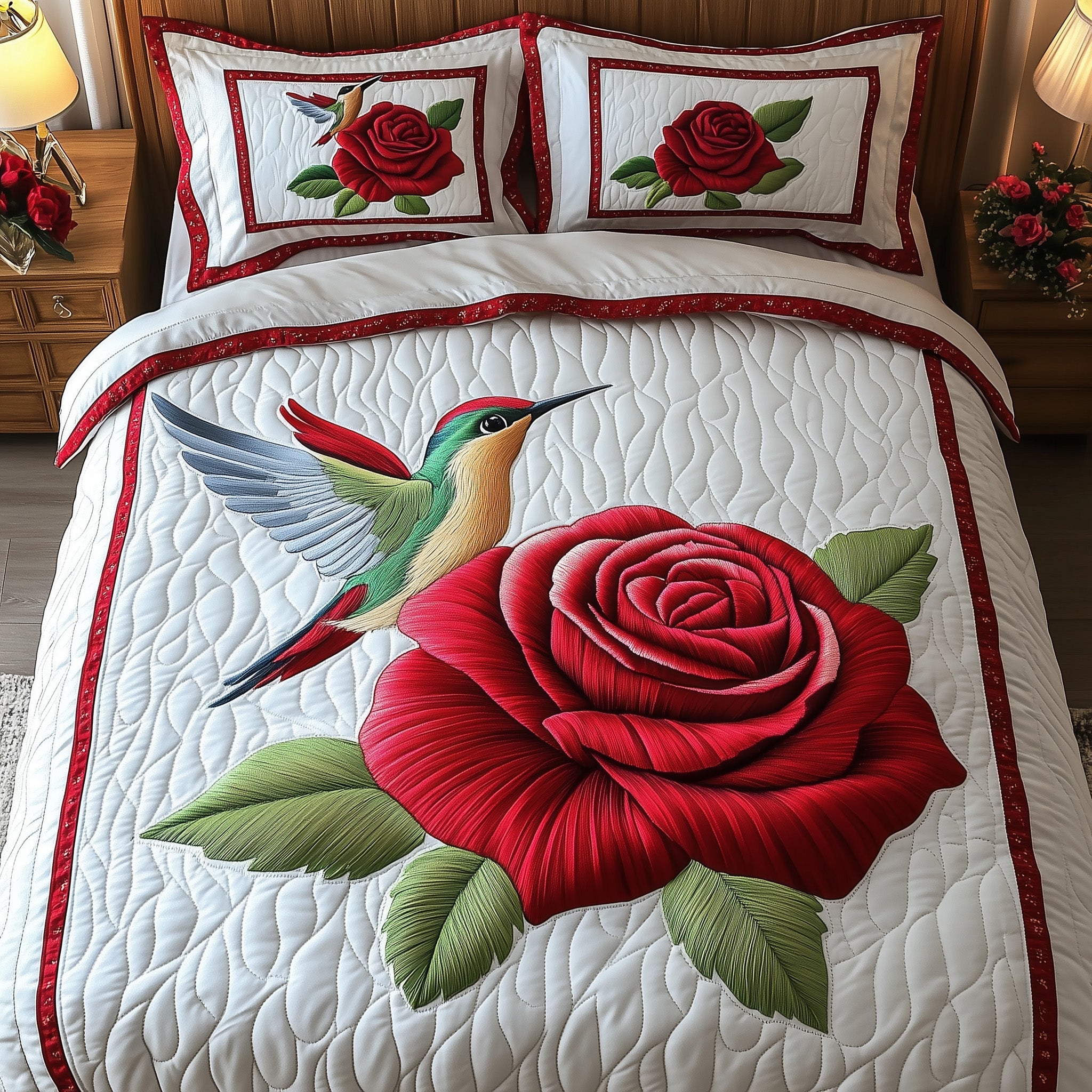 Rose And Hummingbird Quilted Bedding Set Anniversary Gift